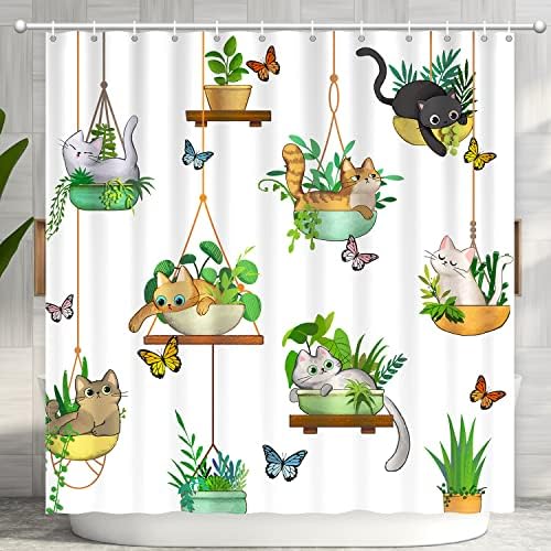Hanging Potted Plants Cat Shower Curtain, Bracketplant KittyShower Curtain for Bathroom with 12 Hooks Polyester Fabric Waterproof Shower Curtain Sets Machine Washable Kids Bath Curtain
