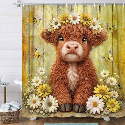 Cute Cow Shower Curtain, Farmhouse Rustic Yellow Floral Daisy Highland Cow Shower Curtains for Bathroom, Calf Country Farm Animal Garden Plant Fabric Bathroom Decor with Hooks, 54x72 inch
