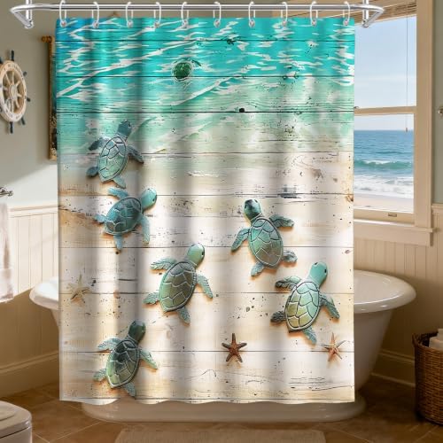 Cute Kids Beach Shower Curtain, Ocean Coastal Nautical Sea Turtle Shower Curtains for Bathroom, Waterproof Bath Curtain with Hooks Machine Washable Bathtub Curtains 60x72 Inch Blue Green