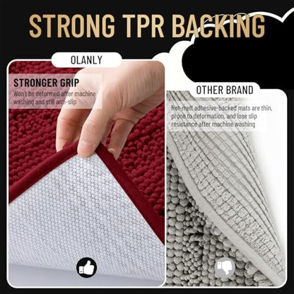OLANLY Thick Bathroom Rugs 36x24, Soft Chenille Striped Bath Rugs, Red
