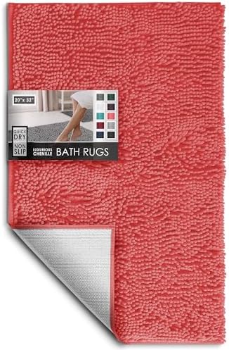 Hearth & Harbor Bathroom Rugs, Chenille Bath Mat - Machine Washable Bath Mats for Bathroom Non-Slip Backing Rubber, Quick Dry Bathroom Mat - Rose Bath Rug, 20x32