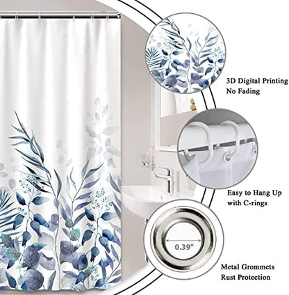 AWERT Shower Curtain Plants for Bathroom,Waterproof Quick-Drying Blue Leaves Shower Curtain Set with Hooks 48x72 Inch