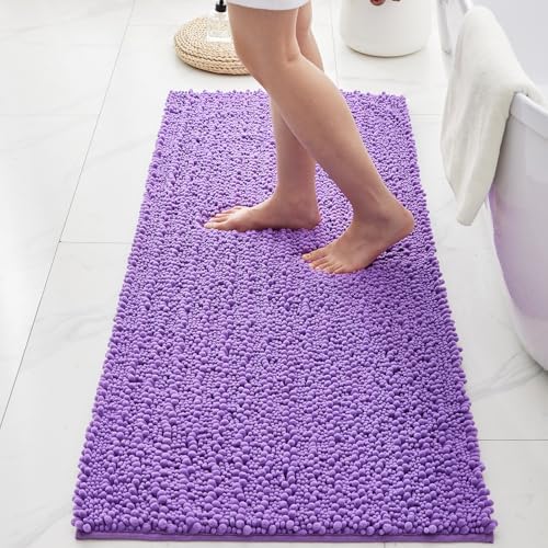 Bathroom Rugs Non Slip Washable 44x24, Extra Thick Soft Chenille Absorbent Bath Mat, High Density Barrier Non Slip Backing, Quick Dry Plush Shaggy Floor Carpet for Tub&Shower, Purple