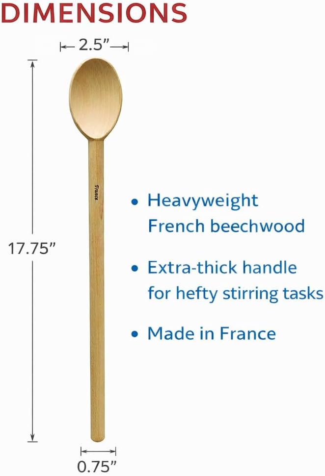 HIC Kitchen Deluxe Heavyweight French Beechwood Spoon, Made in France, 17.75 Inches, Heavy Duty Wooden Cooking Spoon For Stirring And Mixing