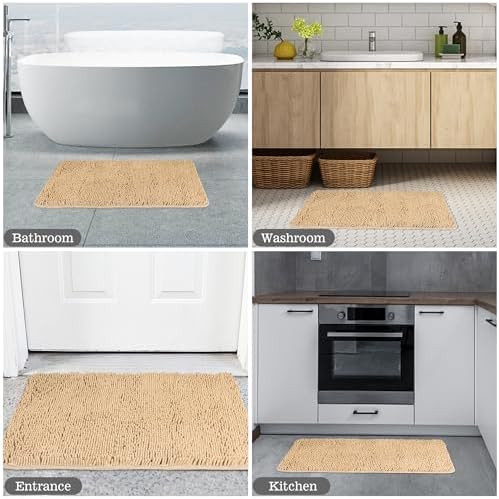 Yeaban Chenille Ivory Cream Bathroom Rug 20"x32", Non-Slip Rubber Backing