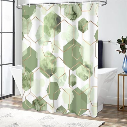 deFouliao Sage Green Shower Curtain Modern Abstract Green Geometric Grid Bathroom Curtain Sets for Bathtub Home Decor, Waterproof Fabric Washable with Hooks, 72x72 Inch