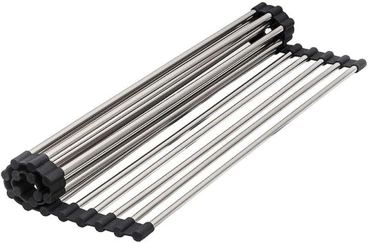 Strictly Sinks Stainless Steel Roll Up Dish Drying Rack – Silver 16 Inch Over The Sink Drying Rack Ideal for Apron Workstation Sinks Only – Multipurpose Foldable Dish Rack (16-3/8″ x 13″ x 3/8″)
