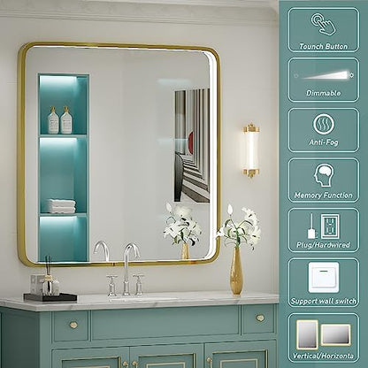 36X36 Inch LED Gold Frame Bathroom Mirror, ETL Listed