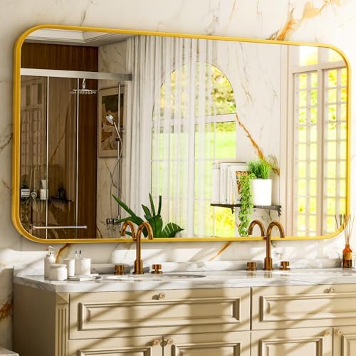 Easly 26 x 38 Inch Bathroom Mirror, Rounded Rectangular Vanity Mirror for Wall, Modern Mirror for Room Decor, Gold Framed Wall-Mounted Mirrors for Home Decor, Hangs Horizontally or Vertically