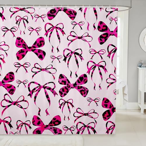 jejeloiu Cute Bowknot Shower Curtain for Bathroom Decor 72"x78" Pink Black Girls Bow Bath Curtain Kawaii Leopard Bathroom Accessories Waterproof Polyester Fabric for Stalls Bathtubs Princess Decor