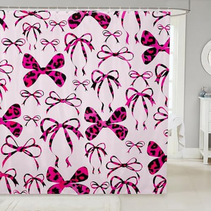 jejeloiu Cute Bowknot Shower Curtain for Bathroom Decor 72"x72" Pink Black Girls Bow Bath Curtain Kawaii Leopard Bathroom Accessories Waterproof Polyester Fabric for Stalls Bathtubs Princess Decor
