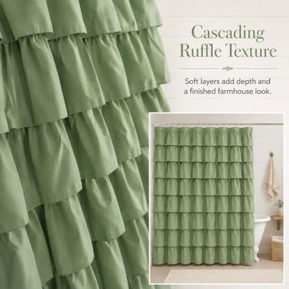 Sage Green Ruffle Shower Curtain for Bathroom, 72x72 inch, 1 Panel