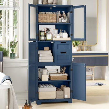 BOTLOG 67'' Tall Bathroom Storage Cabinet, Linen Cabinet with Glass Doors and Adjustable Shelves, Kitchen Pantry with 2 Drawers for Bathroom, Living Room, Dining Room, Blue