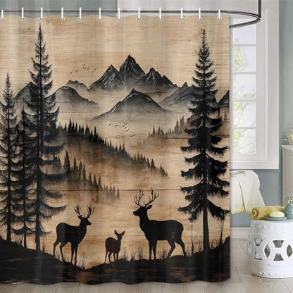 Rustic Deer Shower Curtain, Cabin Country Wood Lodge Hunting Wild Animal Vintage Farmhouse Hunting Camping Camper RV Bathroom Decor Polyester Fabric Mens Bath Curtain Set with Hooks,47X70IN
