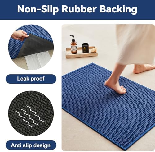 Triohero Large Bathroom Rugs Non Slip Washable Bath Rugs Super Absorbent Bathroom Rug Thin Quick Dry Low Pile Bath Mats, Navy Blue 36"x48"