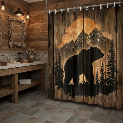 Rustic Cabin Shower Curtain for Bathroom, Forest Bear Wooden Bath Curtains, Wildlife Country Hunting Camping Waterproof Fabric Bathroom Curtain Accessories Set with Hooks,60X70IN