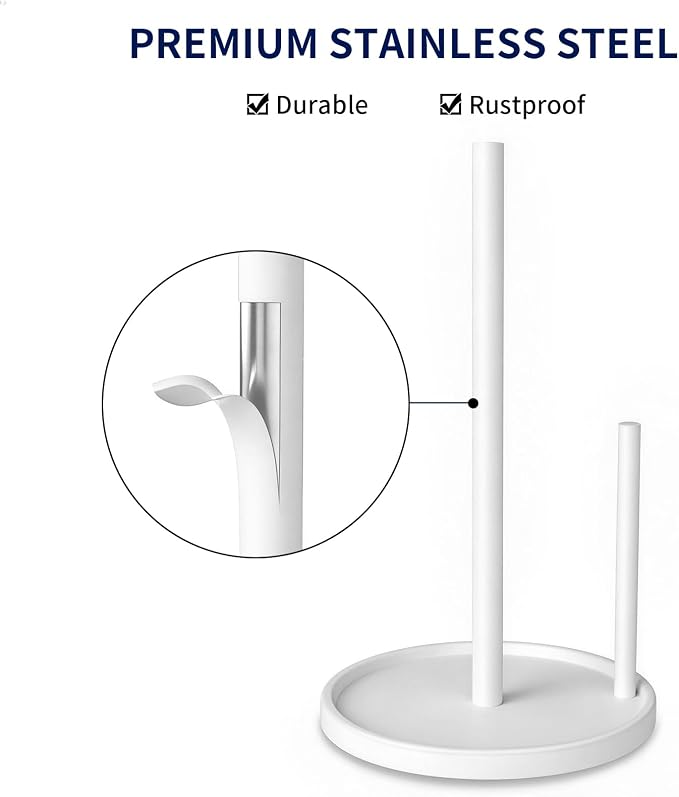 Jesginboo Paper Towel Holder Countertop, White Kitchen Paper Towels Holder, Paper Roll Holder with Weighted Base