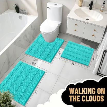 OLANLY Thick Bathroom Rugs 36x24, Soft Chenille Striped Bath Rugs, Teal