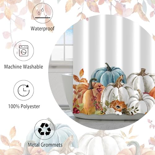 Fall Pumpkin Shower Curtain, Thanksgiving Autumn Maple Leaves Watercolor Floral Harvest Boho Bathroom Curtains with Hooks for Bathroom Bathtubs Decor, Waterproof Polyester Fabric 47x64