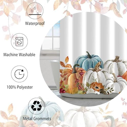 Fall Pumpkin Shower Curtain, Thanksgiving Autumn Maple Leaves Watercolor Floral Harvest Boho Bathroom Curtains with Hooks for Bathroom Bathtubs Decor, Waterproof Polyester Fabric 47x64
