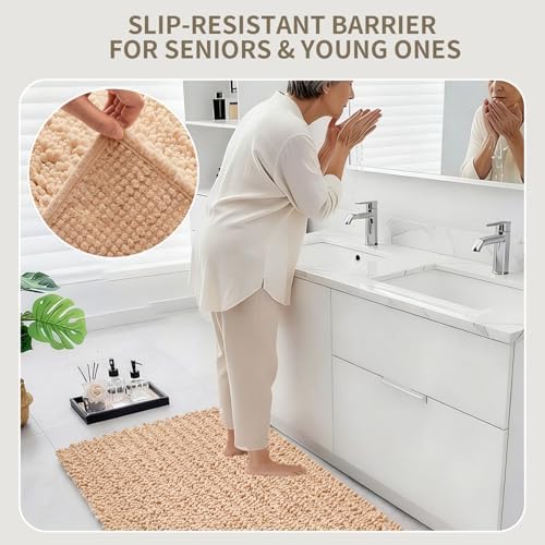 Toilet Rugs U-Shaped Mat 24x24, Contour Bathroom Mat - Ultra Soft & Absorbent Chenille, Quick-Dry, Machine Washable with Non Slip Barrier Backing, Beige