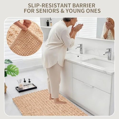 Bathroom Rugs Non Slip Washable 60x24, Extra Thick Soft Chenille Absorbent Bath Mat, High Density Barrier Non Slip Backing, Quick Dry Plush Shaggy Floor Carpet for Tub&Shower, Beige