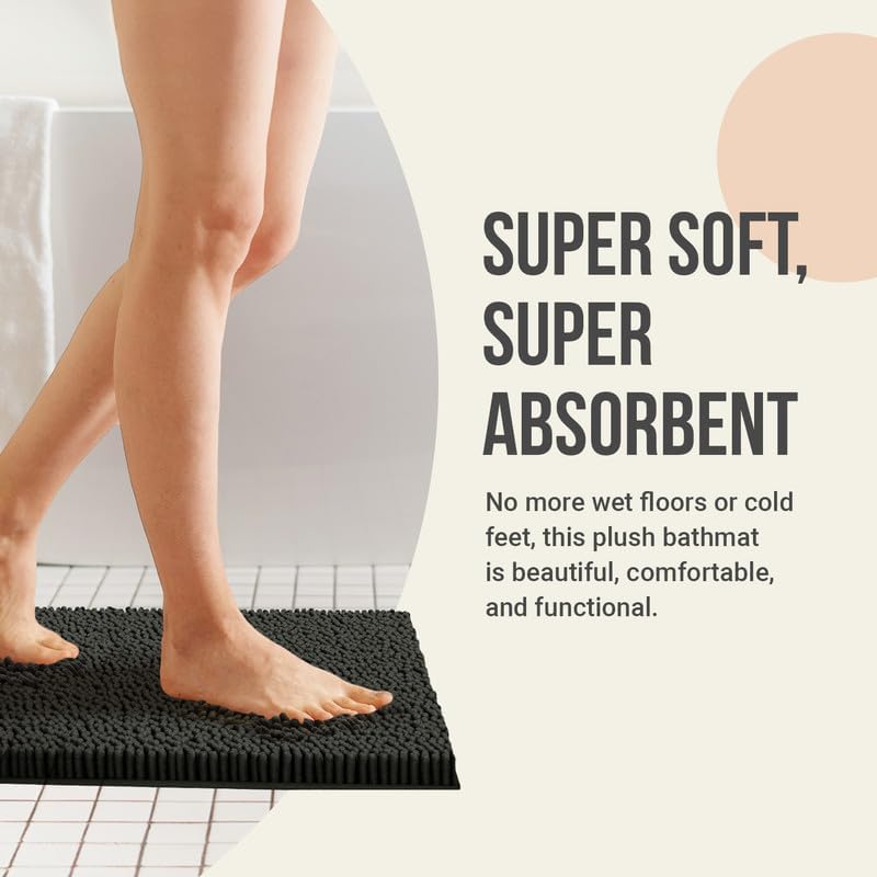 ITSOFT Plush Bathroom Rug 47"x21", Absorbent Machine Washable Non Slip Chenille Bath Mats, Quick Dry Bathmat, Bath Rugs for Bath, Shower, Bedroom, Door Mat, Charcoal Gray