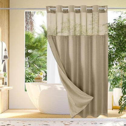Gibelle No Hook Cloth Beige Shower Curtain with Liner, 72x74