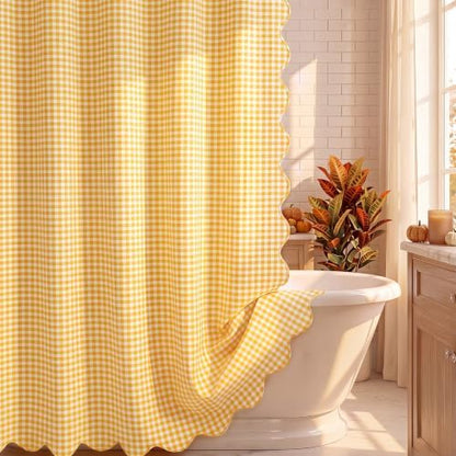 HunnmingRe Scalloped Gingham Shower Curtain Yellow