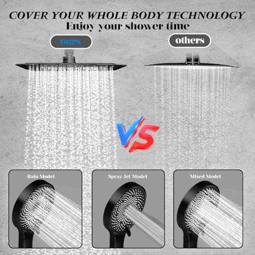 Shower Head,10”Rain Shower Head with Handheld Spray Combo with 11'' Angle Adjustable Extension Arm/Flow Regulator/Shower System,High Pressure Rainfall Shower Head Clean Bathroom,Matt Black