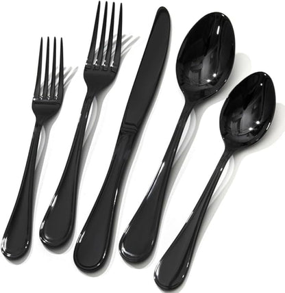 KINGSTONE 40 Piece Teardrop Silverware Set for 8, 18/10 Stainless Steel Flatware Set, Modern Design Cutlery Set for Home/Hotel/Wedding,Mirror Polished and Dishwasher Safe, Black