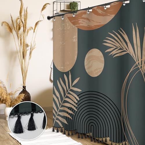 Boho Mid Century Leaf Shower Curtain Set,Arch Sun Design,Minimalistic Leaves Pattern,Waterproof and Luxurious Fabric-12 Hooks(Brown-72" x 78")