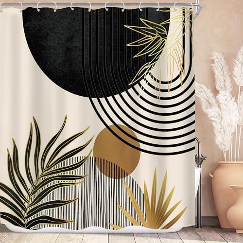 Mid Century Black Gold Boho Abstract Modern Bathroom Shower Curtain Set