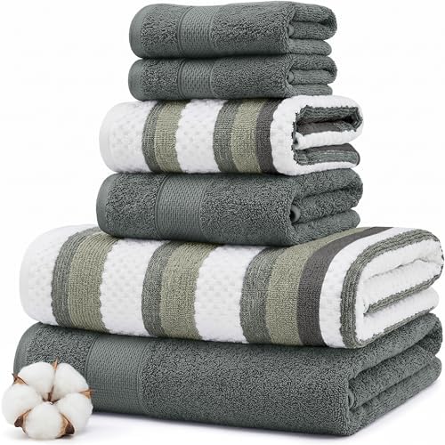 Modern Threads 6 Piece Bath Towel Set – Bathroom Towel Set with 2 Bath Towels, 2 Hand Towels & 2 Washcloths – 100% Cotton, Soft & Absorbent – Wide Stripe (Green)