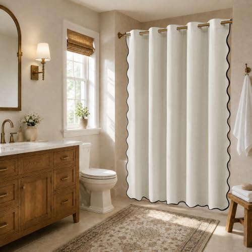 Furlinic No Hook Linen Shower Curtain Waterproof Beige Boho Scalloped 72x84