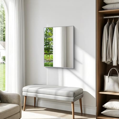 BONEWEI Silver Bathroom Mirror,24x30 inch Wall Mirror for Bathroom Wall Mounted,Rectangle Mirror for Bathroom Over Sink,Modern Metal Frame for Living Room,Bedroom Entryway,Horizontal/Vertical