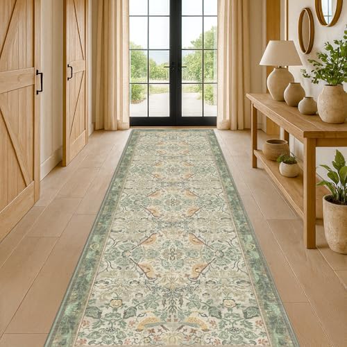 12ft Extra Long Vintage Runner Rugs for Hallways - 3x12 Wide Kitchen Runners, Entryway Rug, Sage Boho Design with Flowers and Leaves, Washable Non Slip Low Pile
