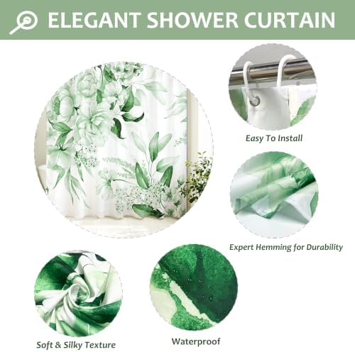Floral Flower Green Shower Curtain with 12 Hooks,120GSM 72x72