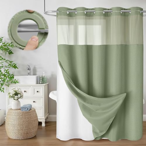 No Hook Shower Curtain with Liner Set Hotel Waffle Sage Green 72W X 75L