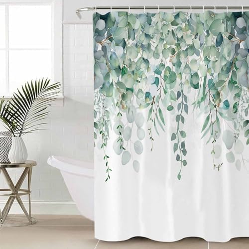 Shower Curtain Bathroom Set Green Eucalyptus Leaf on White Waterproof Shower Curtains with Grommets Hooks Fallen Leaves Watercolor Privacy Bath Curtain for Bathtub Decor 72x78in