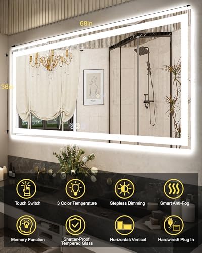 68x36 LED Bathroom Mirror, 6000LM, Separate Front and Back Lights