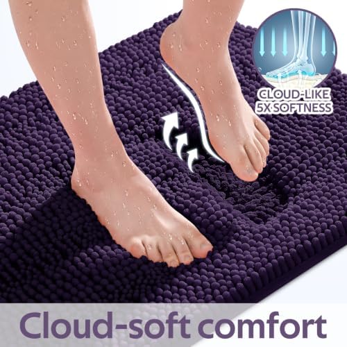 ACCUMTEK Striped Eggplant Purple Bathroom Rug Mat Set 2 piece 32"x20"+24"x17" Ultra Soft, Non Slip Chenille Bath Rugs, Absorbent Plush Shaggy Bath Mats for Bathroom, Bedroom, Kitchen, Shower, Tub