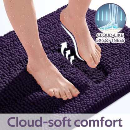 ACCUMTEK Striped Eggplant Purple Bathroom Rug Mat Set 2 piece 32"x20"+24"x17" Ultra Soft, Non Slip Chenille Bath Rugs, Absorbent Plush Shaggy Bath Mats for Bathroom, Bedroom, Kitchen, Shower, Tub