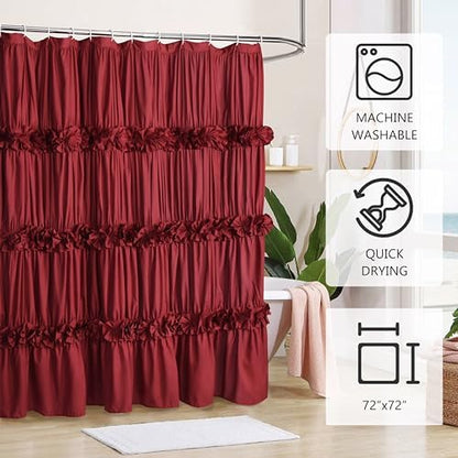 Homechoice Decor Burgundy Ruffle Shower Curtain, Vintage Handcrafted Bow Tie Bath Curtain for Master Bathroom, Ruched Microfiber Bathroom Curtain with 12 Buttonholes, 72" W x 72" H (LQ-10)