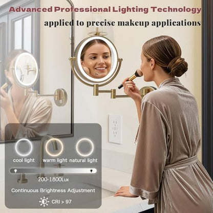 8" Rechargeable Brass 1X/5X Makeup Magnifying Mirror Wall Mount with Light, Upgraded 3-Colors Bright LED Touch Dimmable Extended Arm 360 Rotation for Bathroom, Brushed Modern Brass