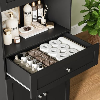 HIFIT Tall Bathroom Storage Cabinet with Drawer, Modern Linen Cabinet,Black