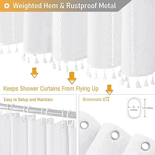 BTTN 72 x 80 Boho Famrhouse Linen Heavy Duty Cloth Shower Curtain, White