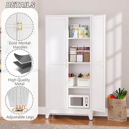 Winiowa Metal Pantry Cabinet with 2 Doors and Adjustable Shelves - 61" Kitchen Storage Cabinet with Gold Handles - Versatile Storage for Kitchen, Bathroom, Dining Room, Utility Room - White