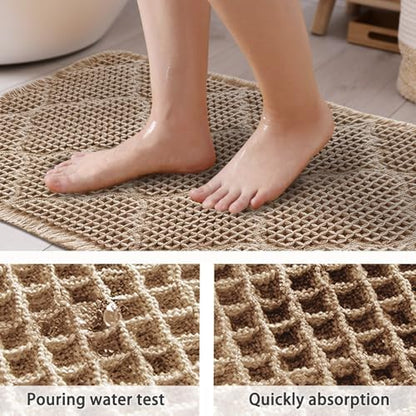 ZALL Tan Waffle Bath Mat,Super Absorbent Non Slip Bathroom Rug,Brown 24x36inch, Geometric Diamond Machine Washable Ultra Soft Floor Mats