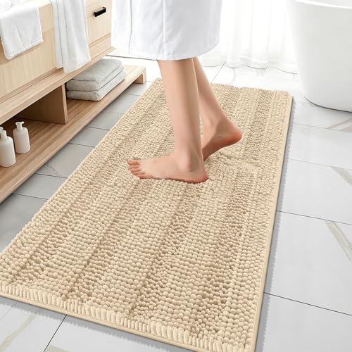 OLANLY Thick Bathroom Runner Rugs 47x20, Soft Chenille Bath Rugs, Beige